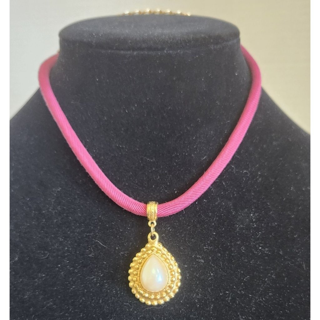 Vintage 1928 Pink Cord Necklace With Gold-Tone Pearl Teardrop Pendant 18$